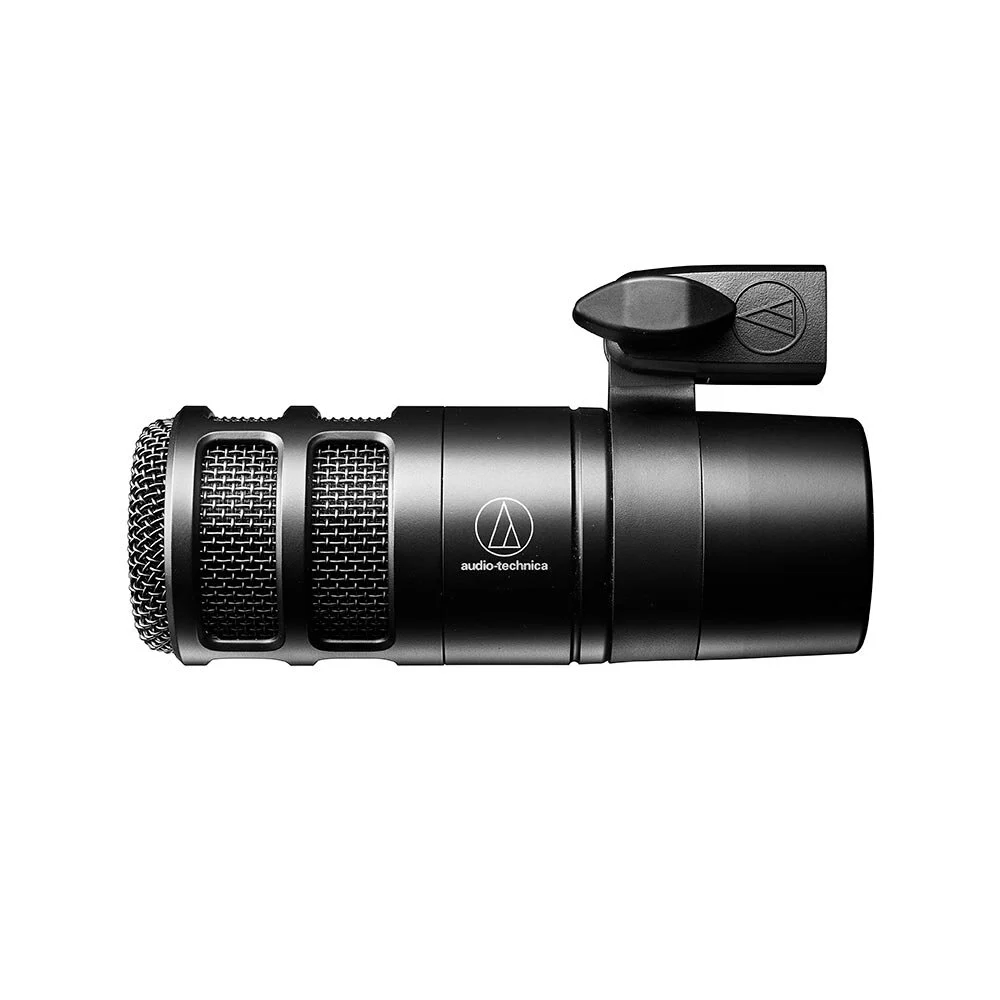 Black Audio-Technica AT2040 XLR microphone with its mounting clamp