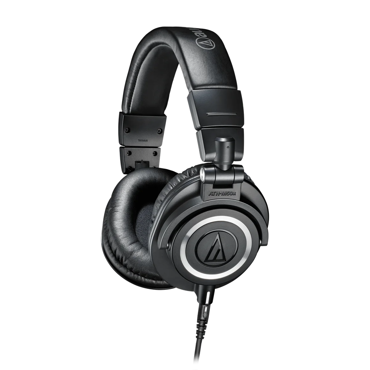Black Audio-Technica ATH-M50x wired studio headphones with swiveling earcups