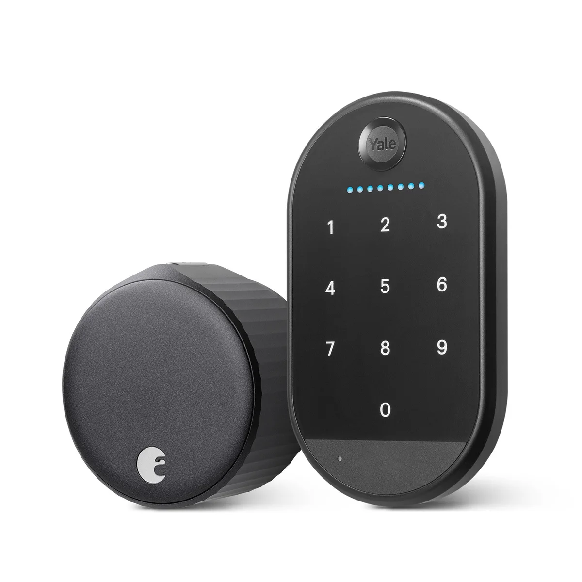 Black August Wi-Fi interior lock beside its separate numeric Yale Keypad