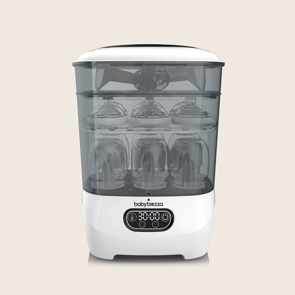 White Baby Brezza Sterilizer Dryer Advanced with modular bottle and accessory baskets