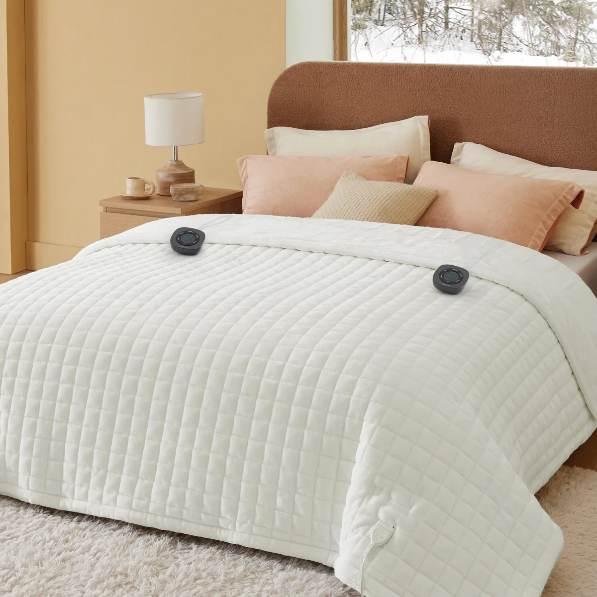 Ivory square-quilted Bedsure queen heated blanket on a bed with two controllers
