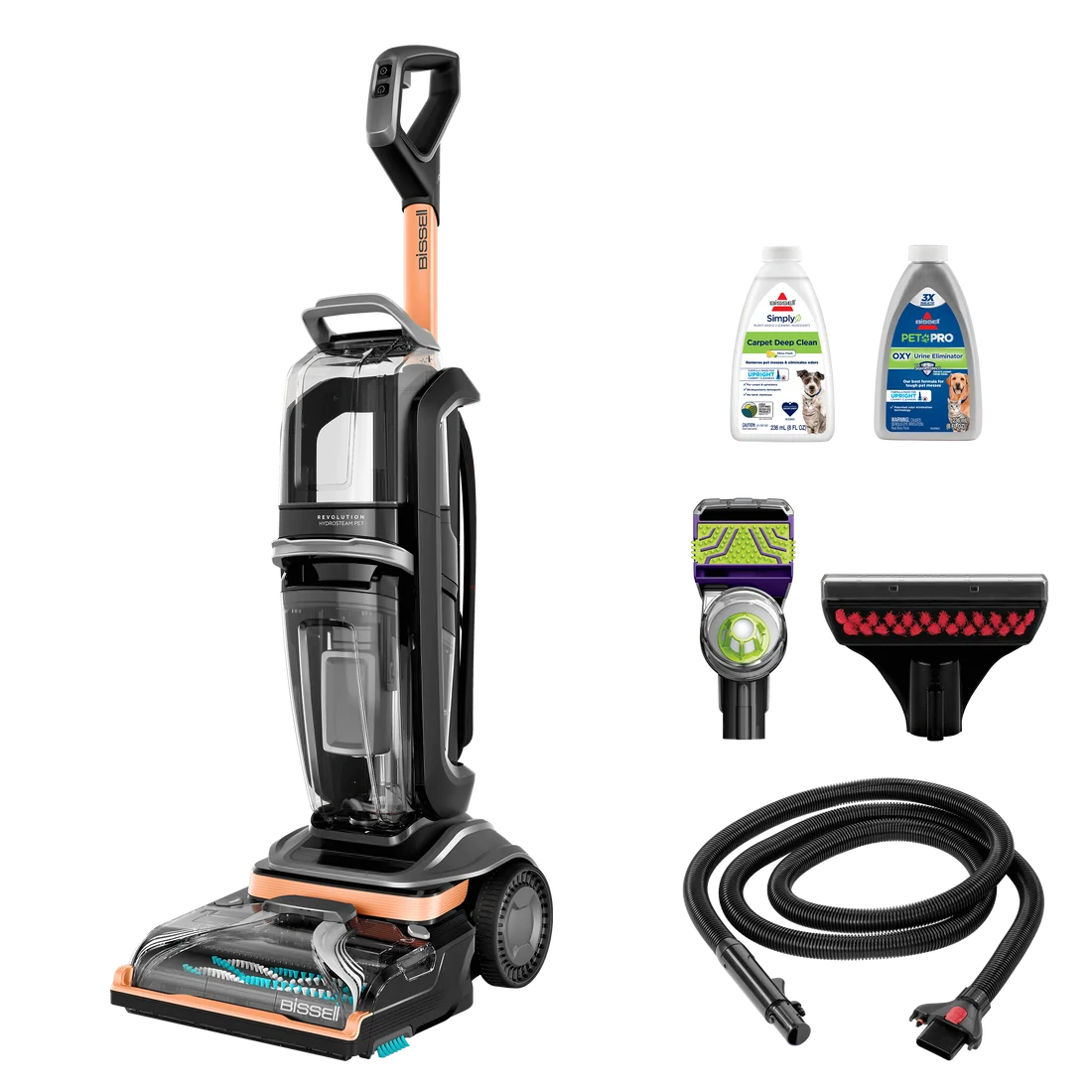BISSELL Revolution HydroSteam Pet 3432 with hose, two cleaning tools and trial formulas