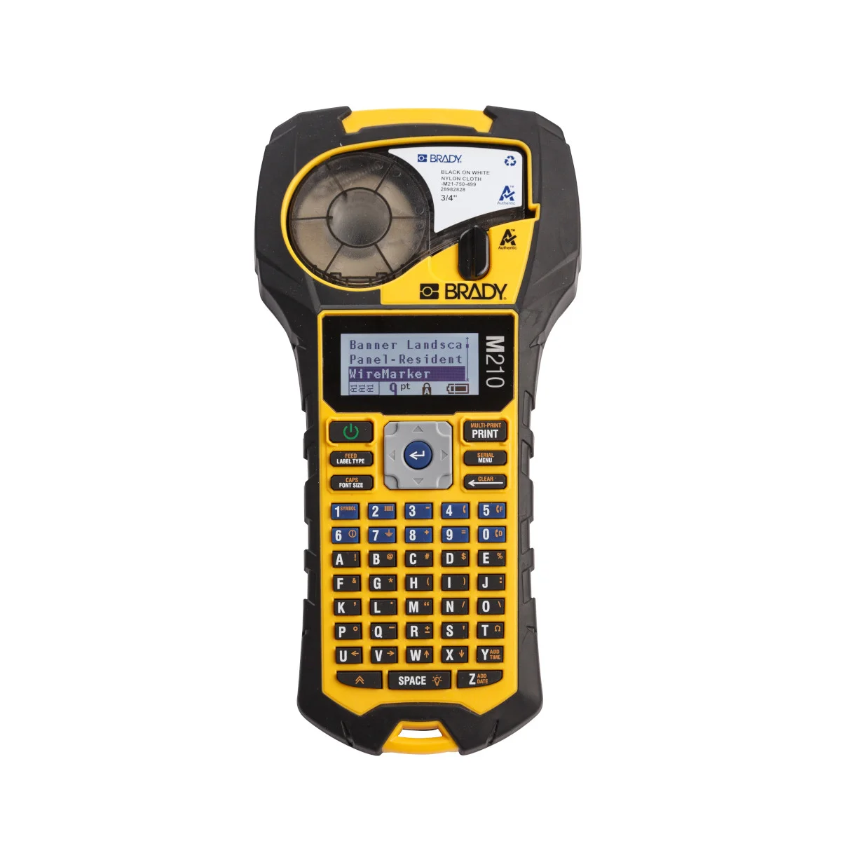 Yellow and black Brady M210 label maker with ABC keyboard