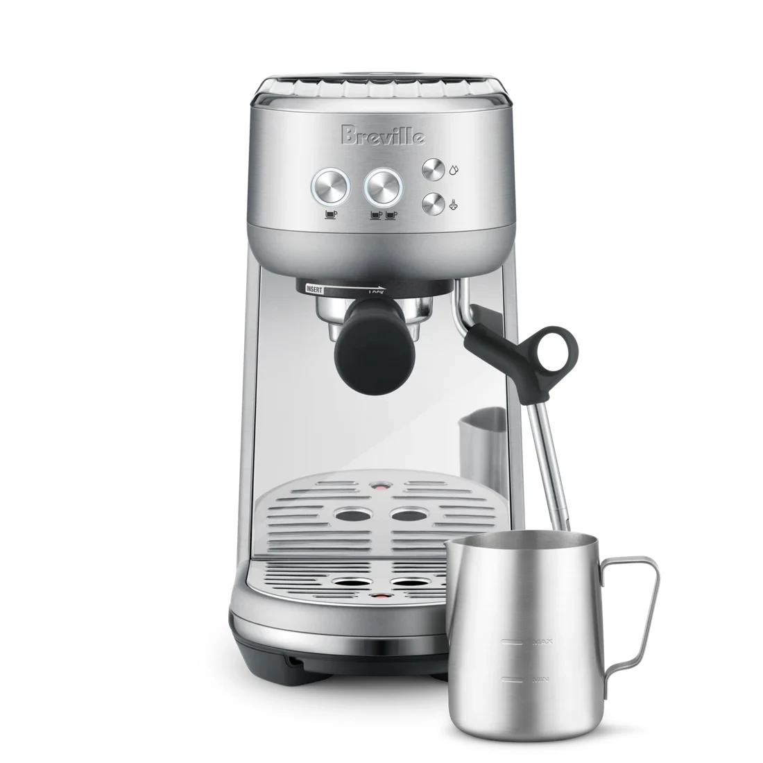 Breville Bambino BES450BSS espresso machine with stainless finish, portafilter and manual steam wand