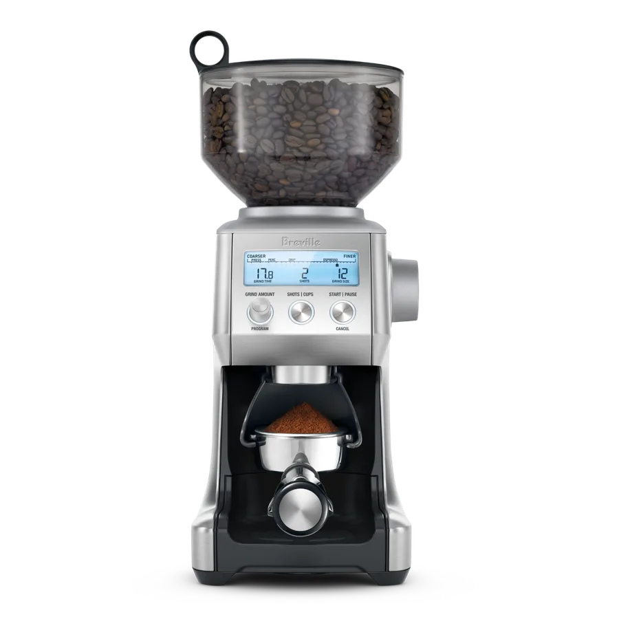 Breville Smart Grinder Pro with portafilter under the grounds chute