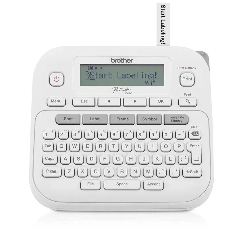 White Brother PT-D220 label maker with its QWERTY keyboard and preview display