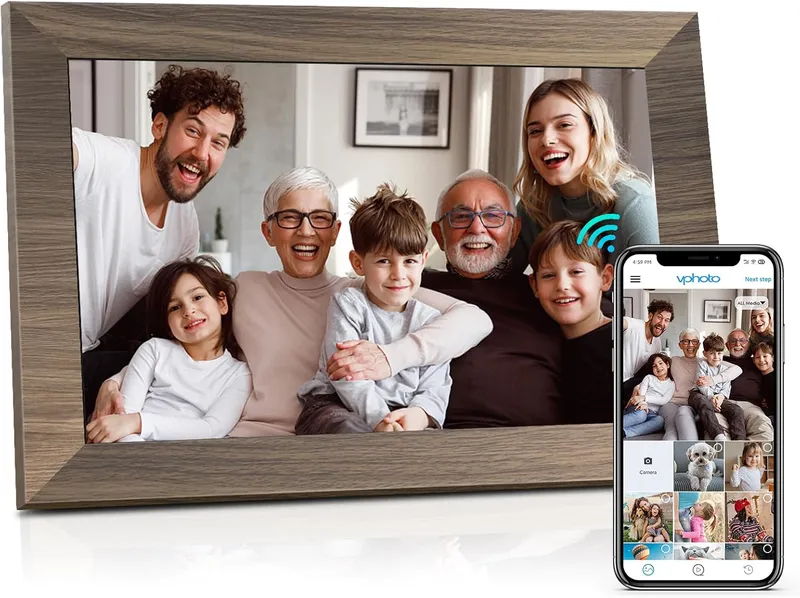 Canupdog 10.1-inch wood digital photo frame beside its mobile sharing app