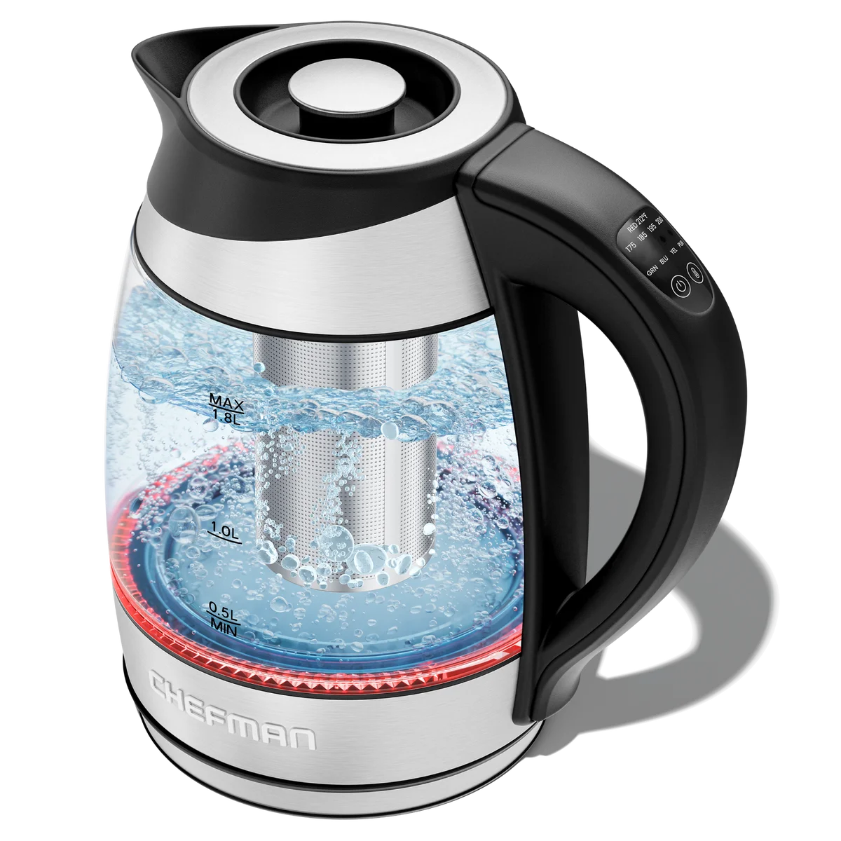 Chefman glass CTI kettle with removable infuser, colored light ring and two-button handle controls