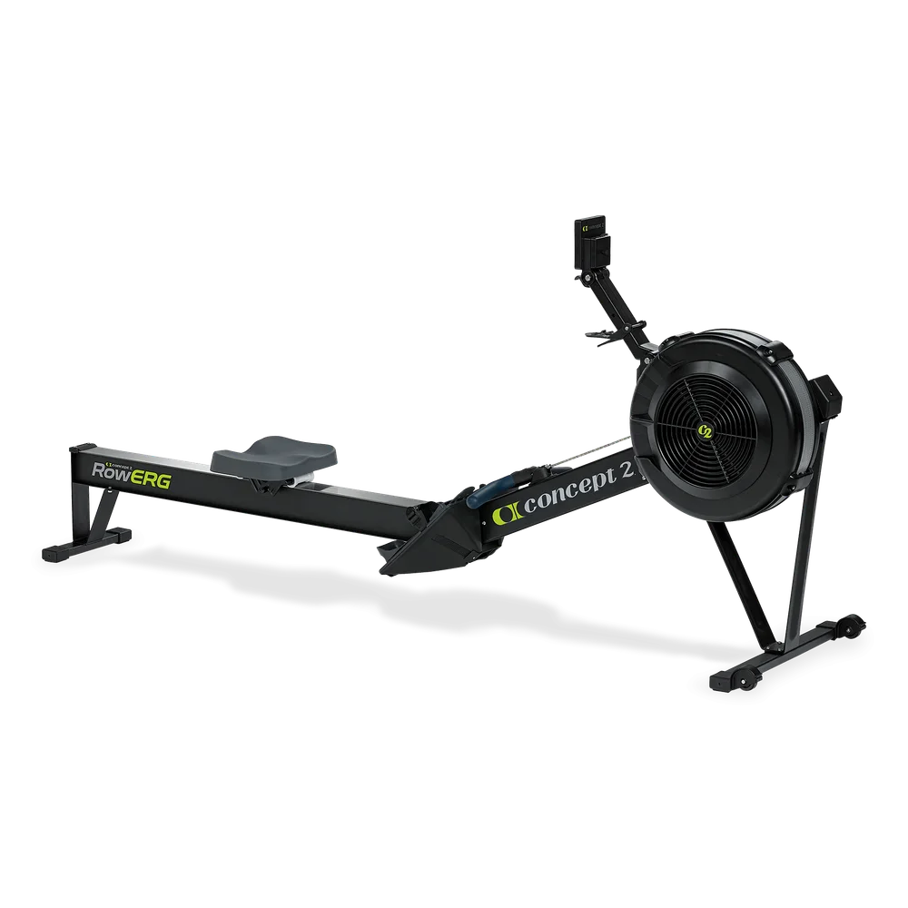 Black Concept2 RowErg with standard legs, PM5 monitor and full seat rail