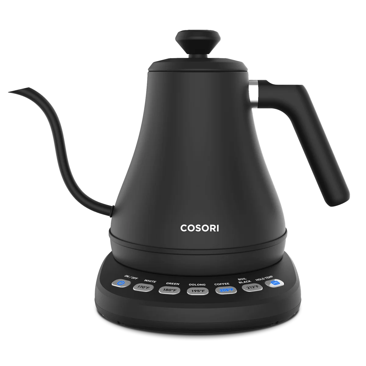 Black COSORI CO108-NK with curved spout and five temperature buttons on its base