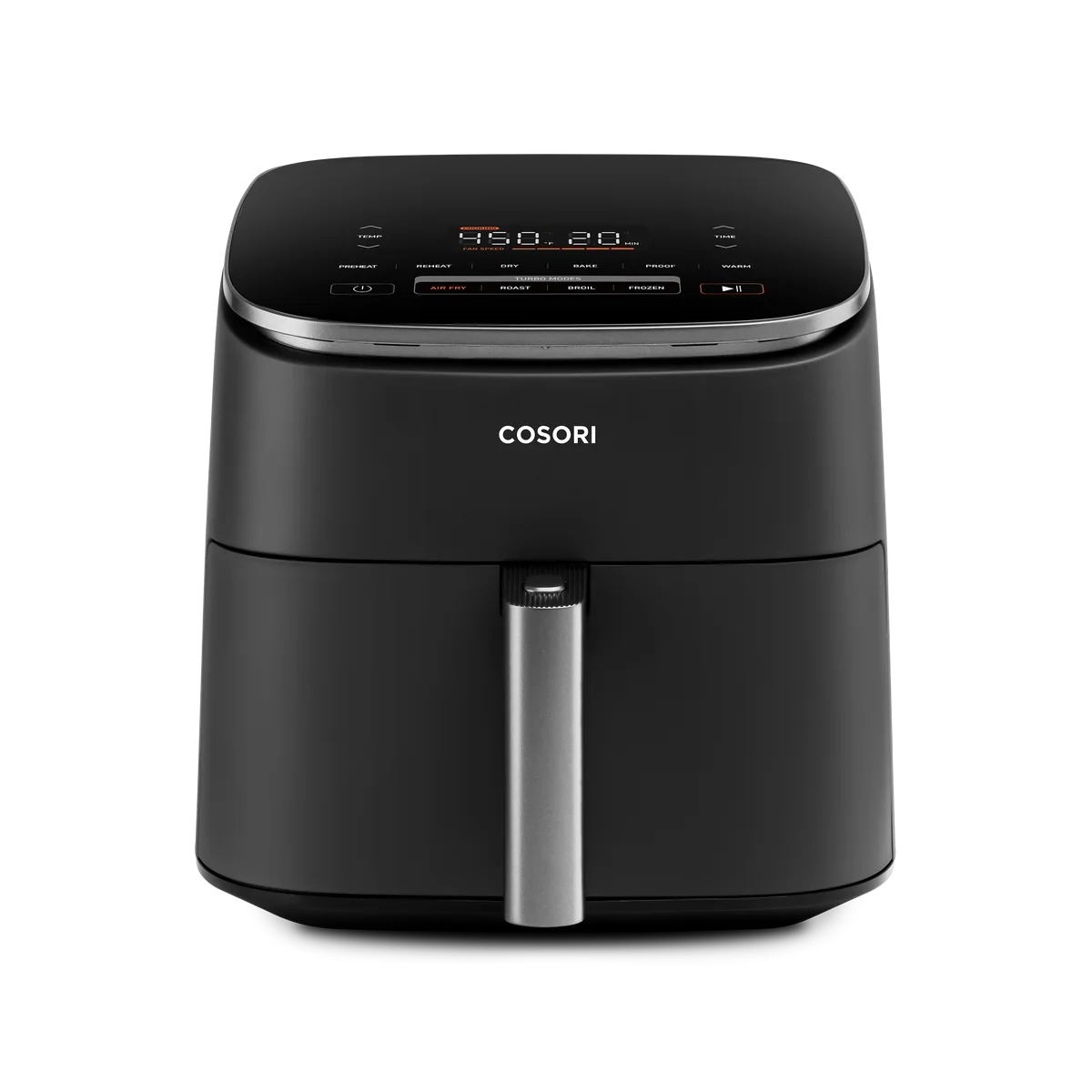 COSORI TurboBlaze six-quart dark gray air fryer with angled digital control panel
