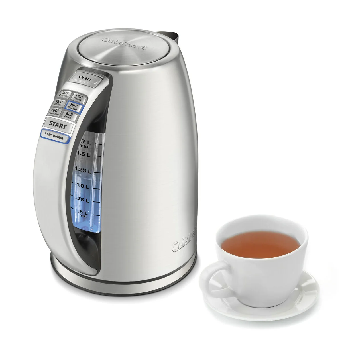Cuisinart CPK-17P1 stainless kettle showing its temperature buttons and water window