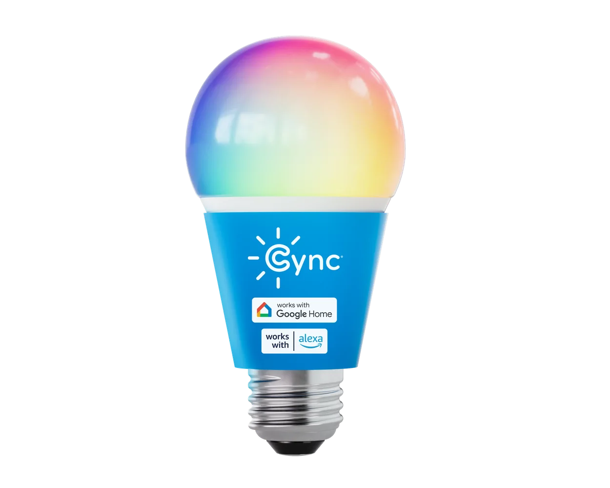 GE Cync Dynamic Effects A19 bulb showing its multicolor diffuser
