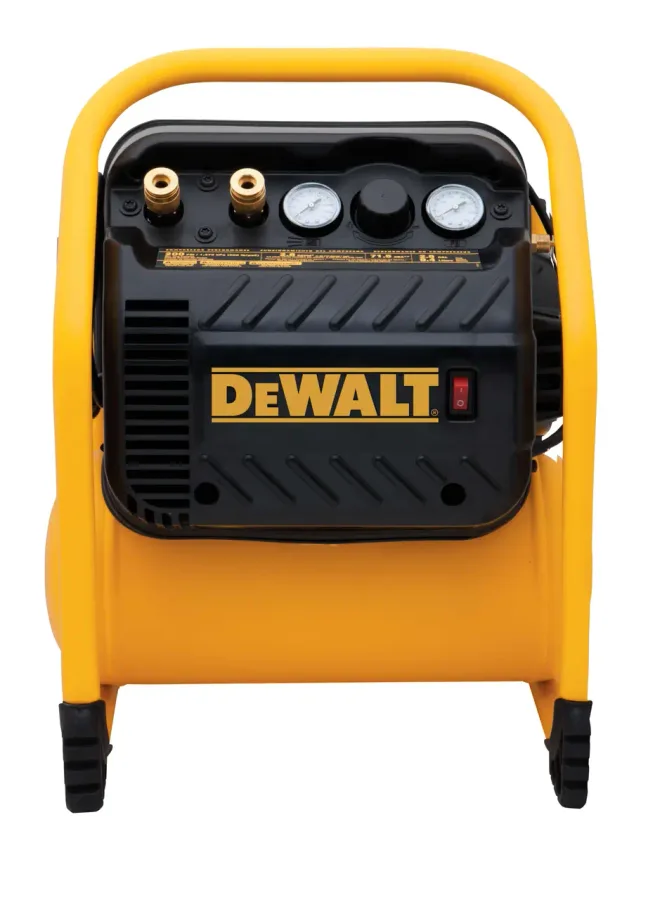 DEWALT DWFP55130 compact yellow compressor with two couplers and gauges