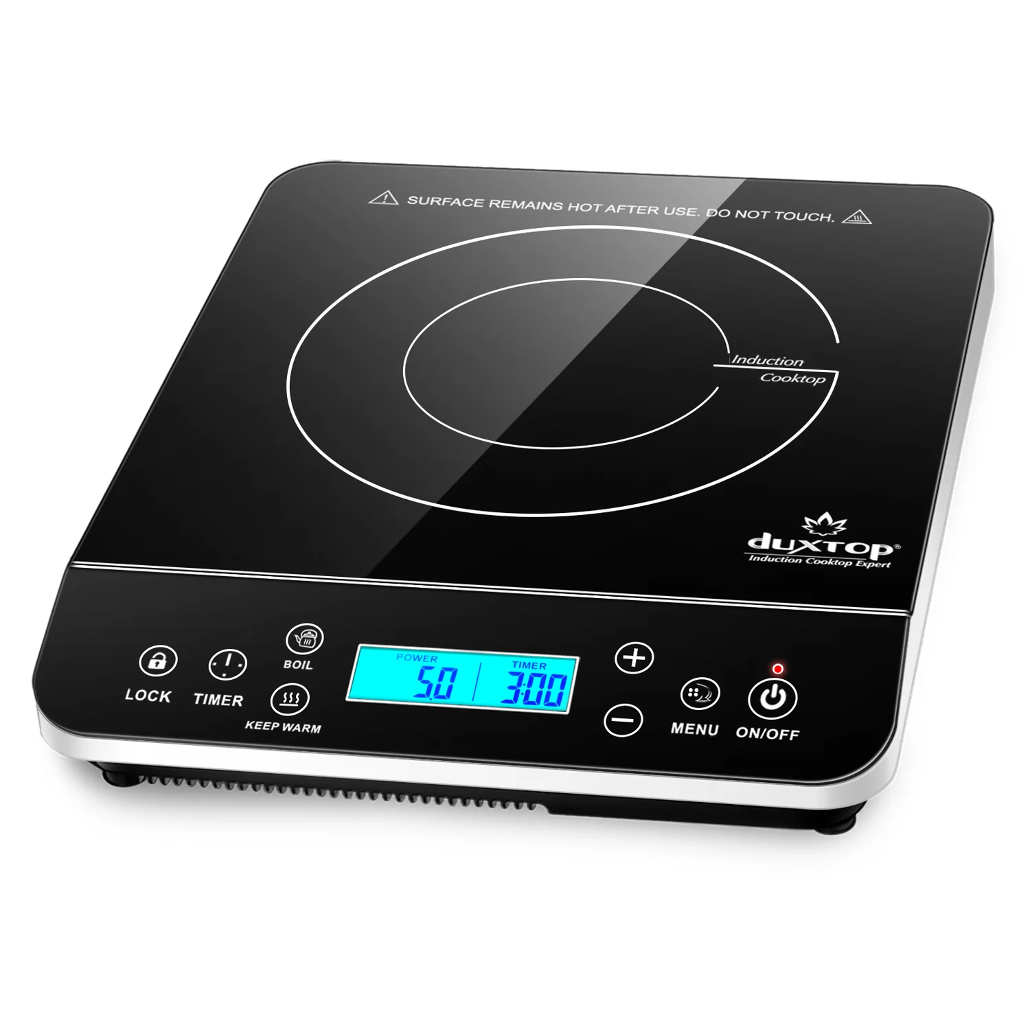 Duxtop 9600LS silver induction cooktop with LCD and labeled touch controls