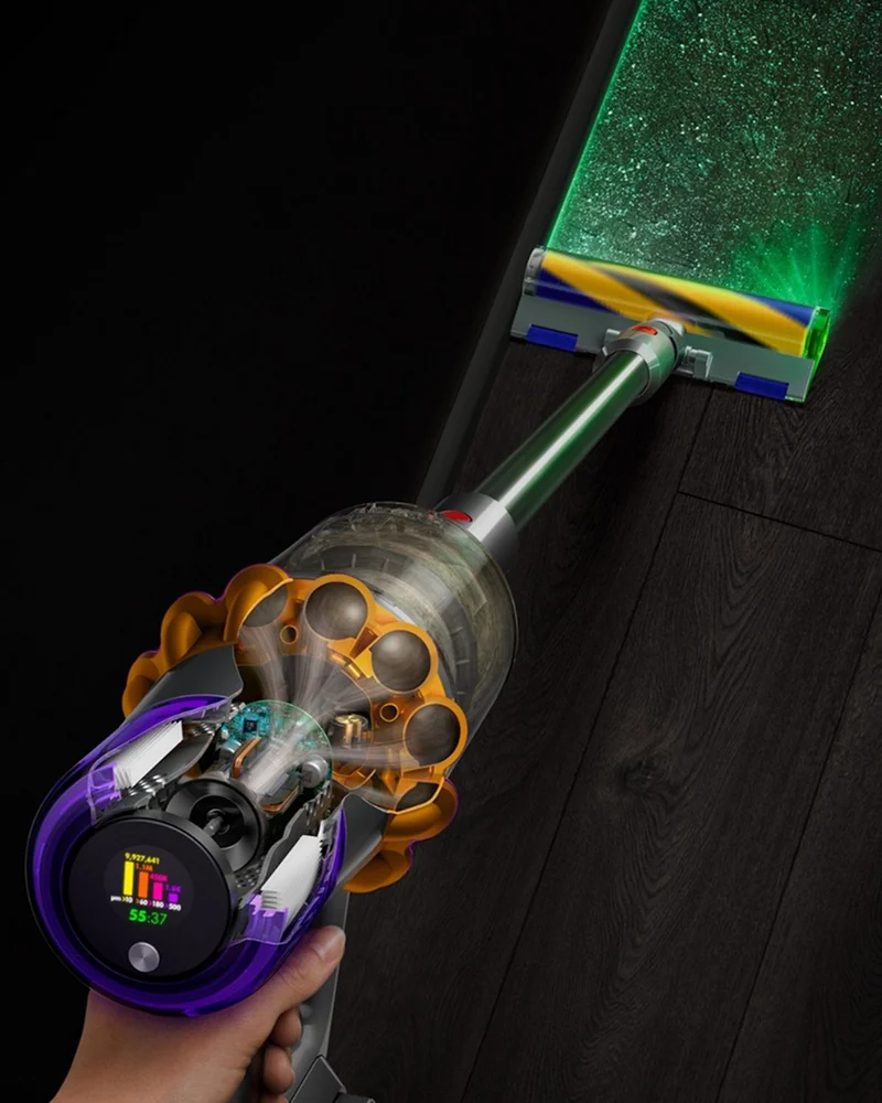 Dyson V15 platform illustration showing illuminated dust and the particle-count screen