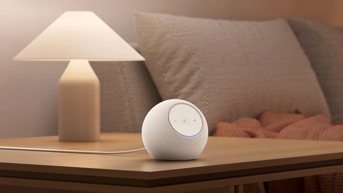 White Echo Dot Max speaker in Amazon's manufacturer lifestyle photograph