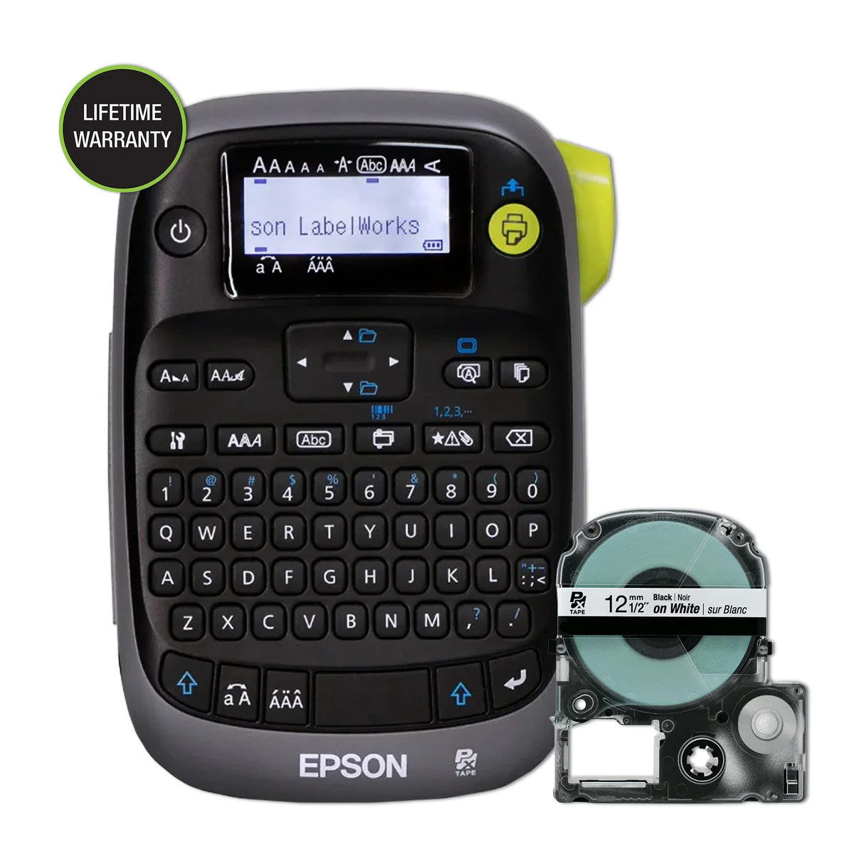 Black and green Epson LW-PX300 handheld label printer with keyboard