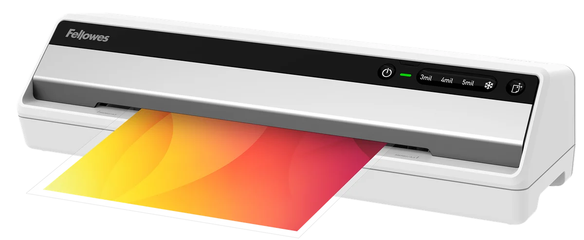White Fellowes Saturn 125 laminator with pouch settings and a laminated color sheet