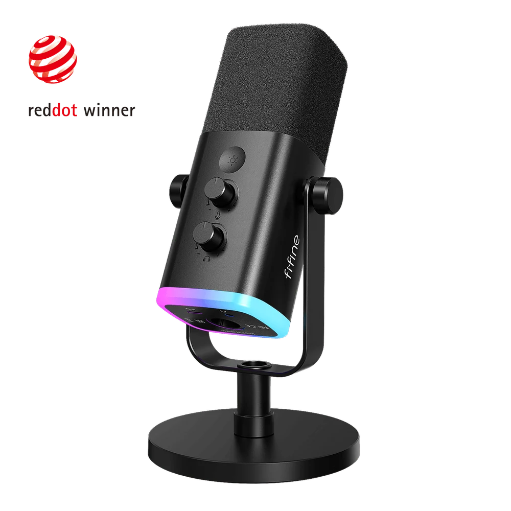 Black FIFINE AM8 microphone on its desktop stand