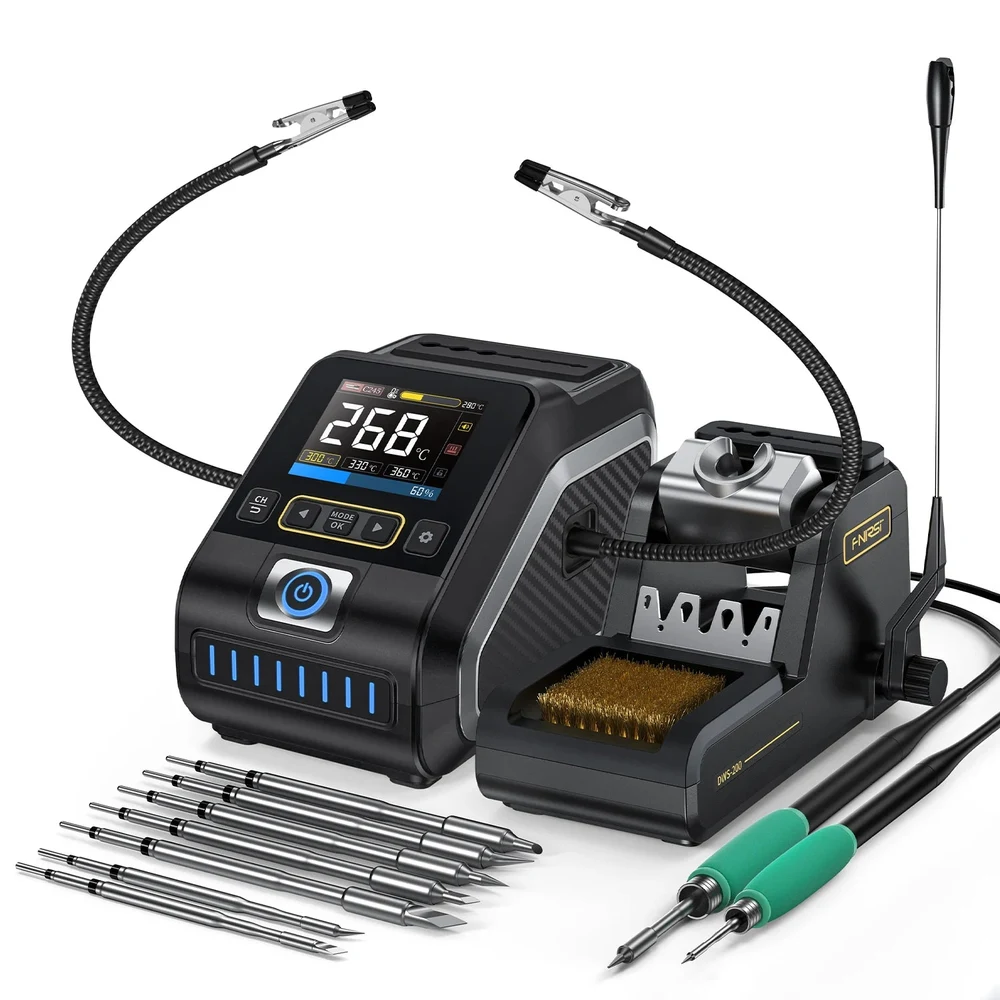 FNIRSI DWS-200 station, holder, two cartridge handles and assorted tips in manufacturer media