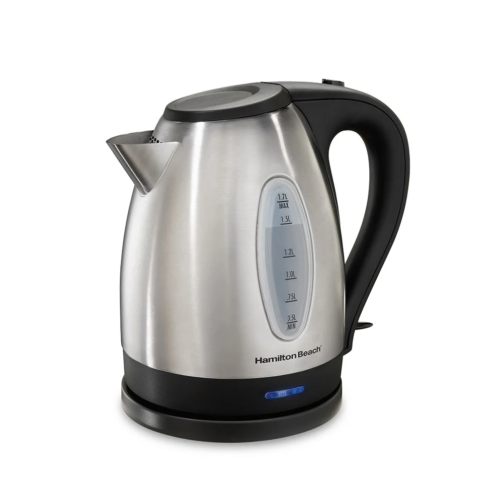 Hamilton Beach 40880G stainless kettle with black handle and 1.7-liter water window