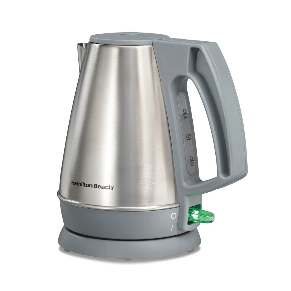 Hamilton Beach 41065 one-liter stainless kettle with gray handle and green on/off switch