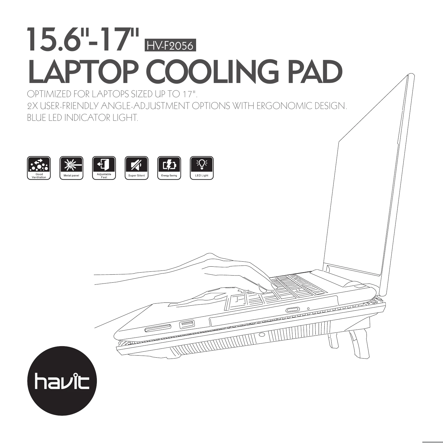 HAVIT HV-F2056 manufacturer's manual illustration showing the pad below a laptop
