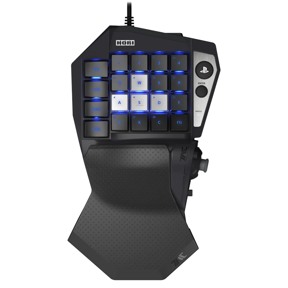 Black HORI TAC mechanical one-handed keypad with blue-lit WASD keys, thumb control and adjustable palm rest