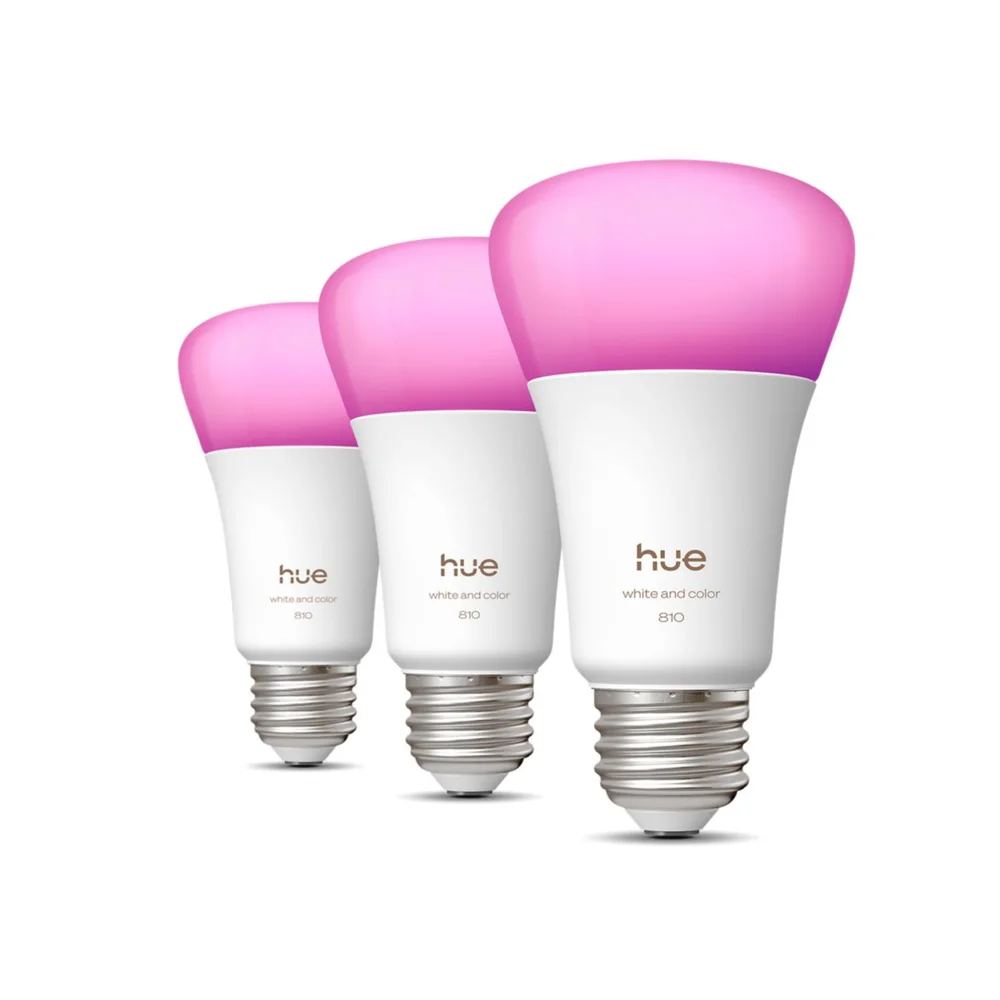 Three Philips Hue Chromasync A19 white and color bulbs