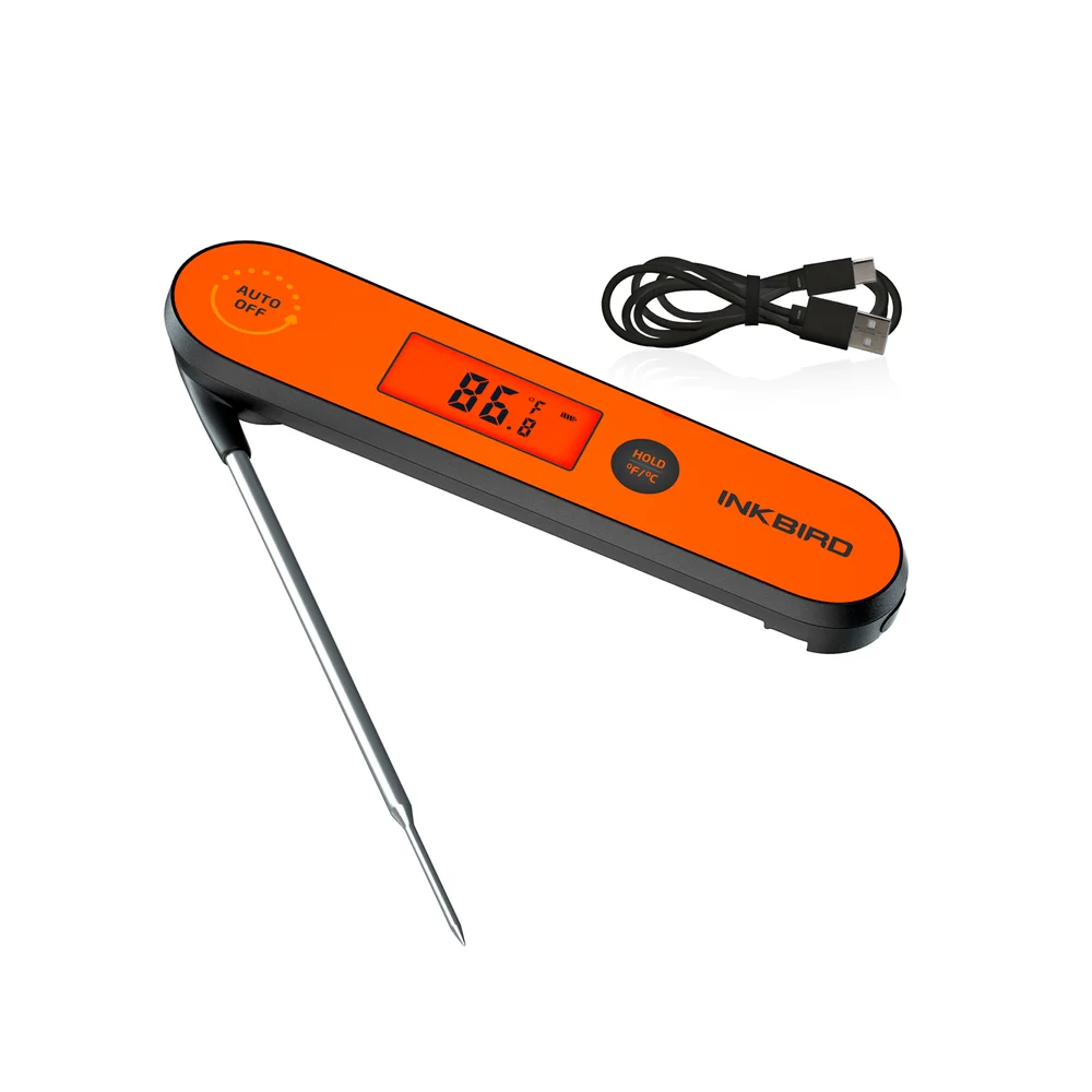 Black and orange INKBIRD IHT-1P instant-read thermometer with folding probe
