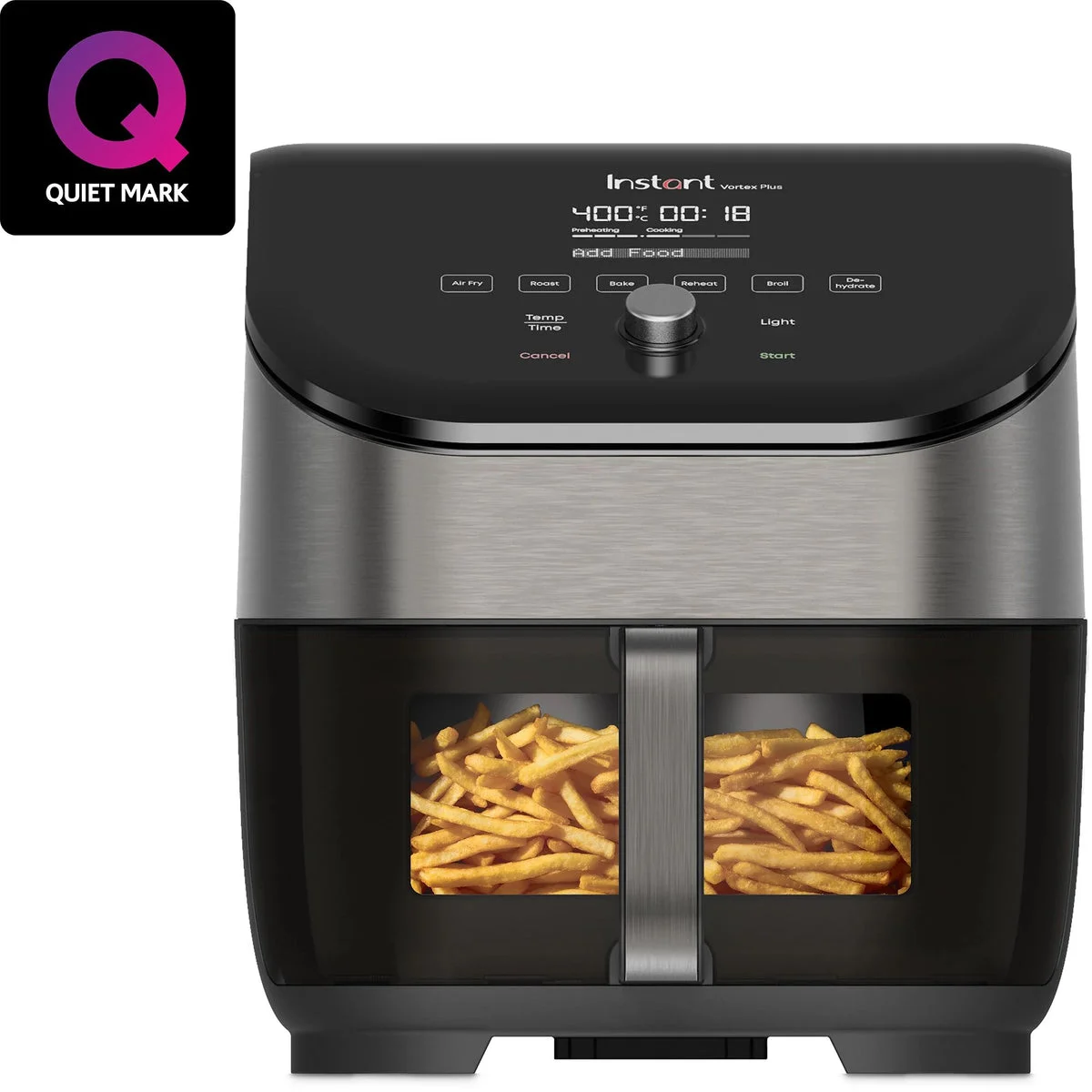 Instant Vortex Plus six-quart stainless steel air fryer with ClearCook window and front adjustment dial