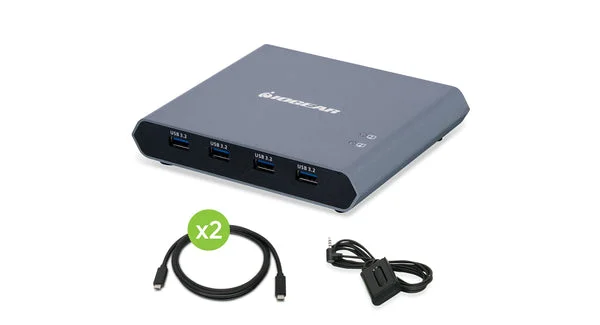 IOGEAR GCS1602CC with four front USB ports, two host cables and wired remote