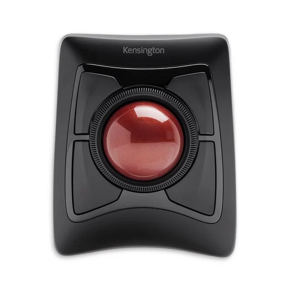 Kensington Expert Wireless trackball with its red finger-operated ball and surrounding scroll ring