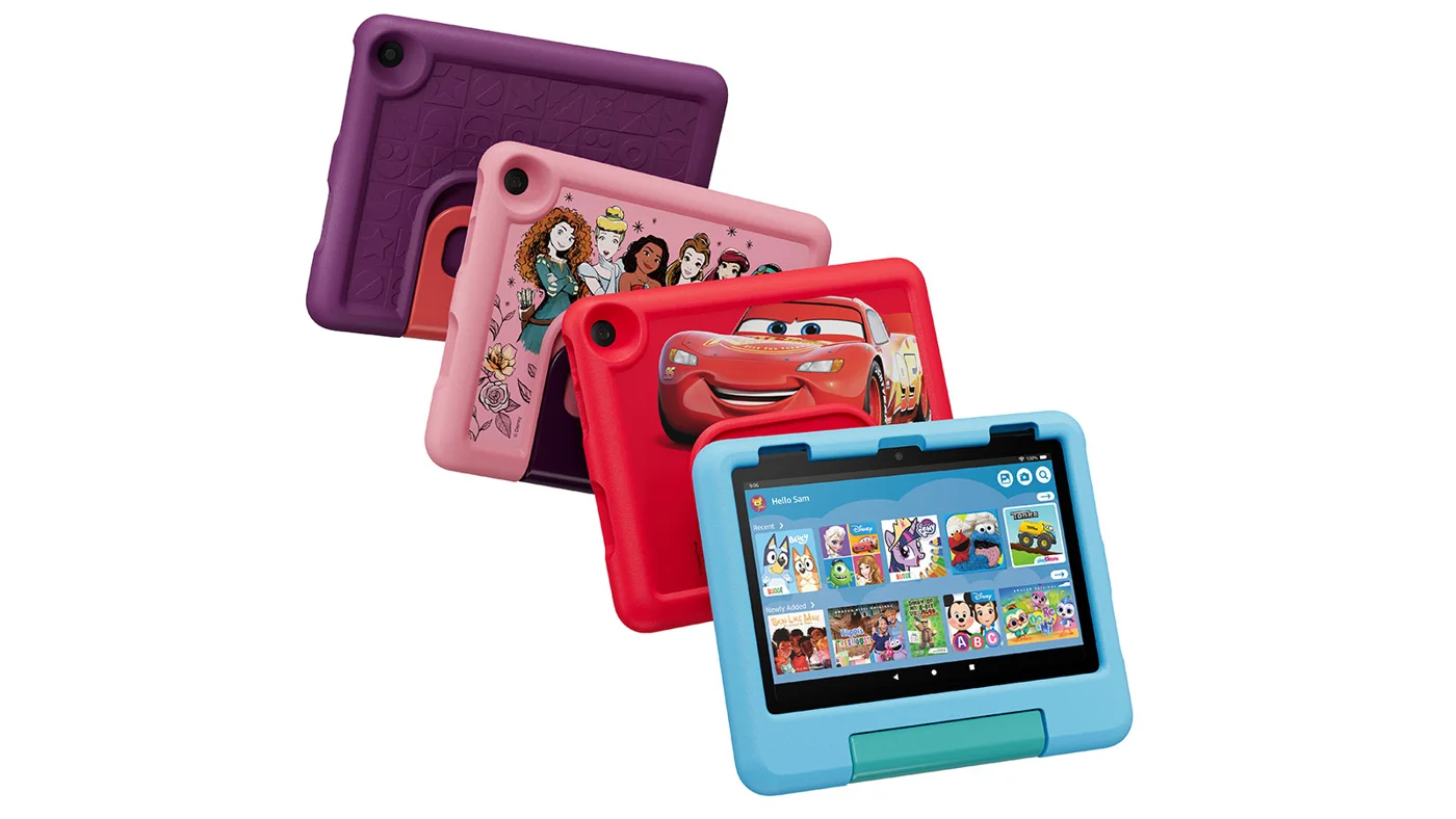 Amazon Fire HD 8 Kids color lineup, with the selected blue bumper case in front