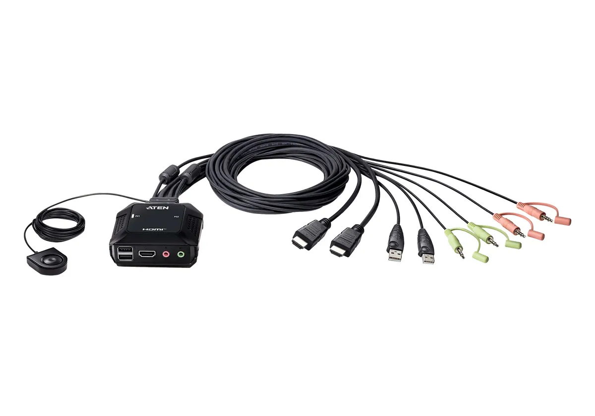 ATEN CS22H HDMI KVM with its integrated computer leads, two front USB ports, and wired selection button