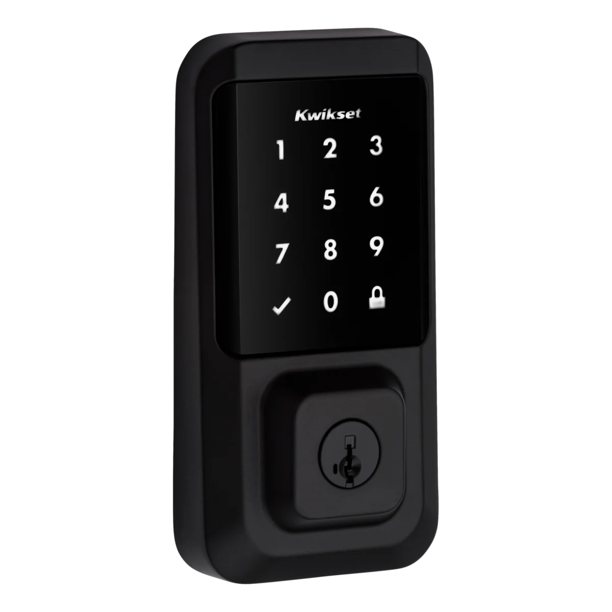 Matte-black Kwikset Halo touchscreen deadbolt with a physical key cylinder