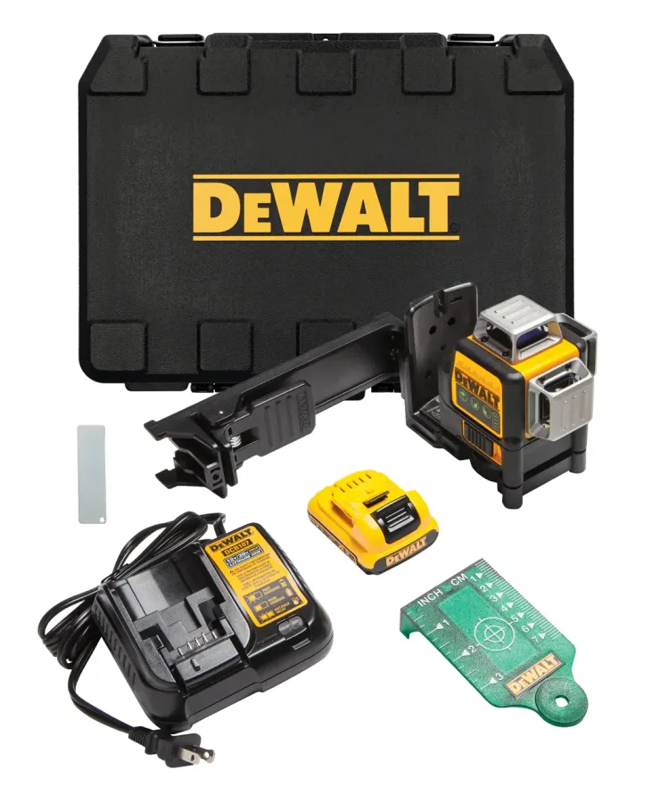 DEWALT DW089LG three-plane laser kit with case, battery, charger, bracket, and target card