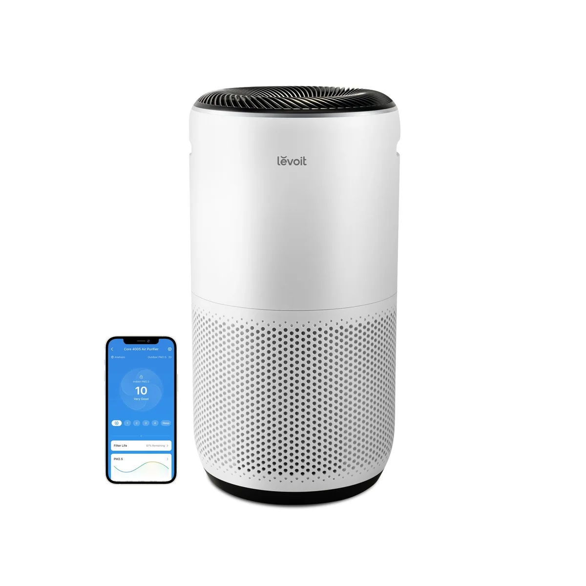White Levoit Core 400S-P with front air intake and top display