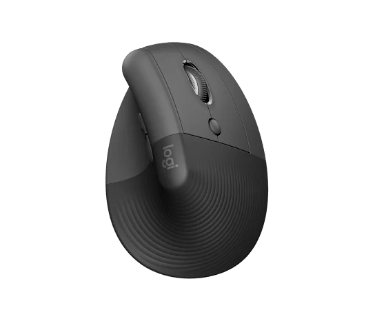 Graphite Logitech Lift right-handed vertical mouse with its thumb rest and scroll wheel