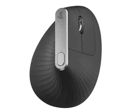 Logitech MX Vertical viewed from above with its textured grip and top speed button