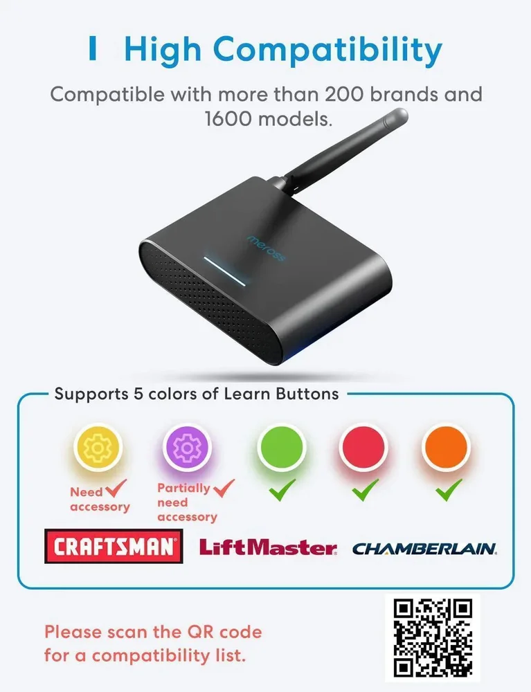 Meross MSG200 controller with external antenna and manufacturer's compatibility illustration