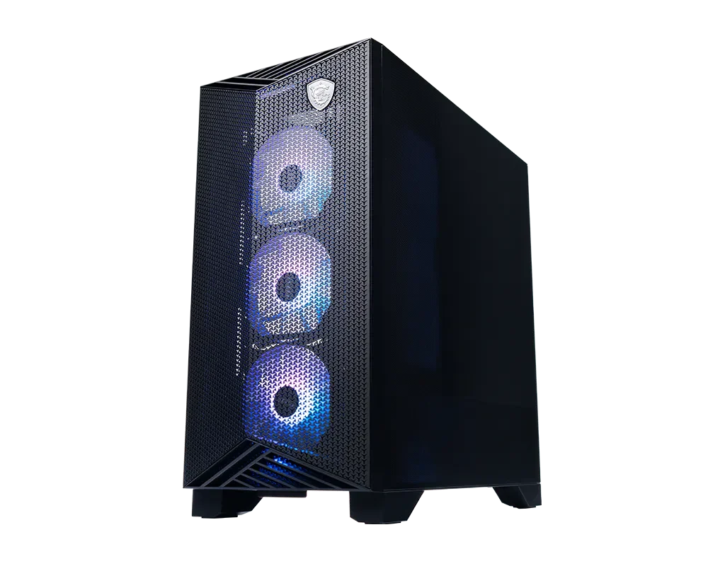 Black MSI Aegis R2 tower with a mesh front and three illuminated front fans