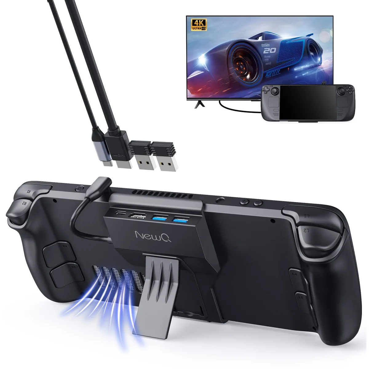 NewQ clip-on portable dock attached to a Steam Deck