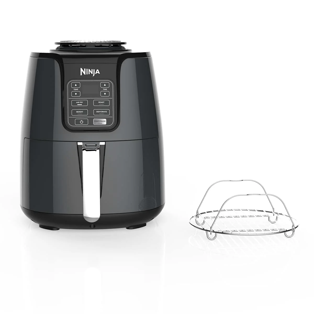 Ninja AF101 gray four-quart air fryer with digital display and separate function buttons