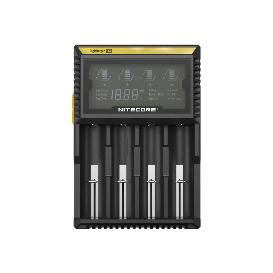 Nitecore D4 black four-slot charger with yellow header and LCD