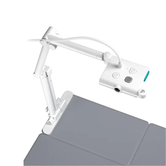 OKIOCAM T-4K white camera arm above its folding gray base