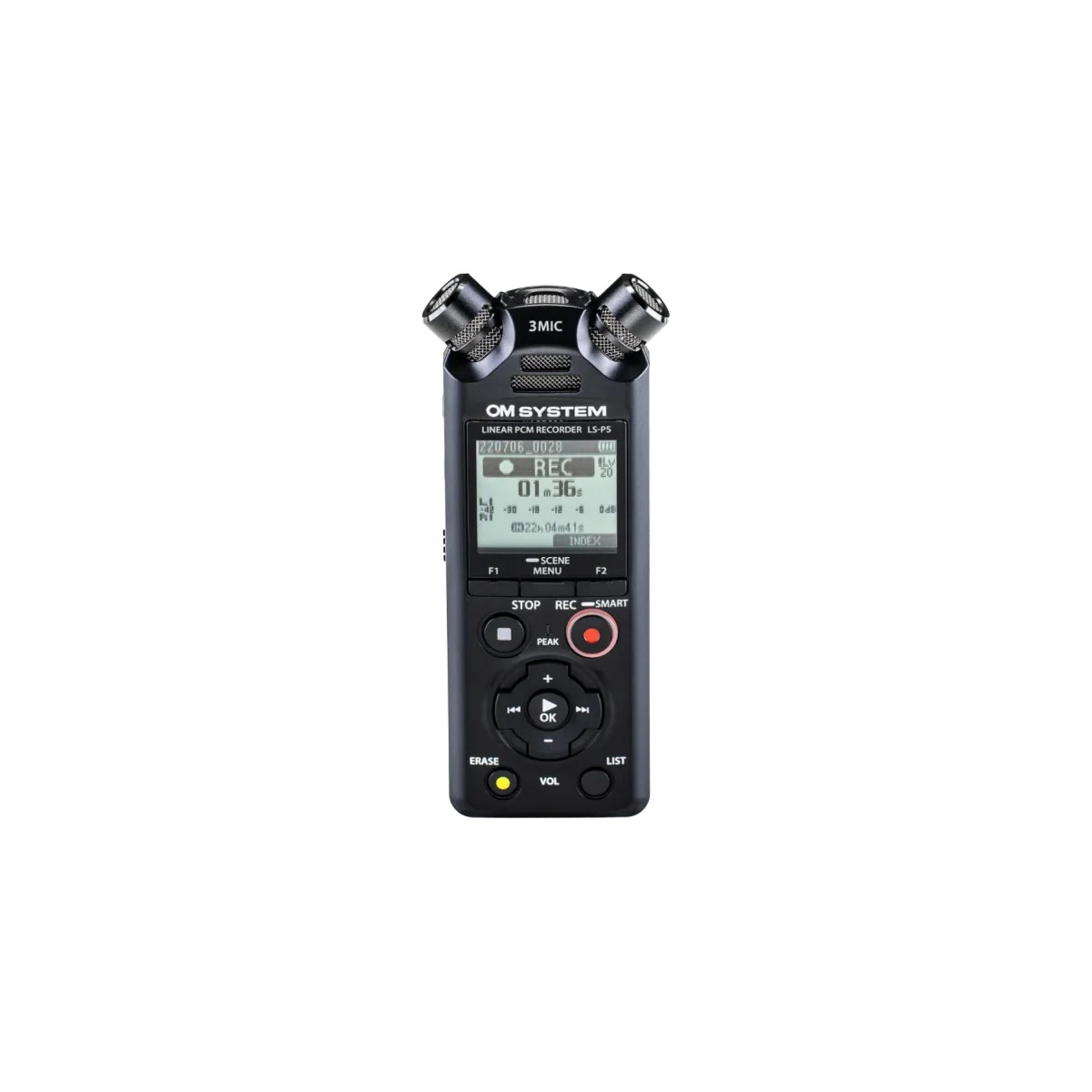 OM System LS-P5 compact recorder with three-microphone top assembly