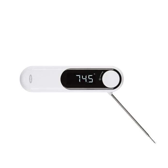 White and black OXO Good Grips Thermocouple thermometer with rotating probe and illuminated display