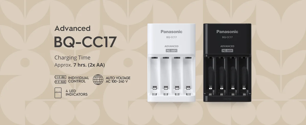 Panasonic BQ-CC17 four-slot charger shown in white and black